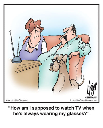 How am I supposed to watch TV when he’s always wearing my glasses?