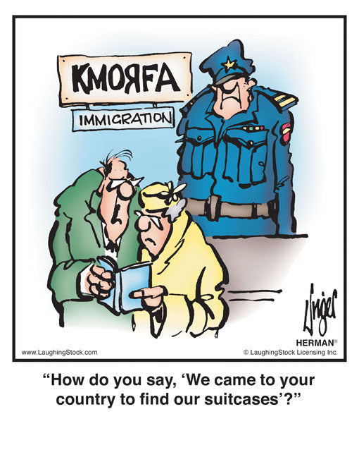 How do you say, ‘We came to your country to ﬁnd our suitcases’?