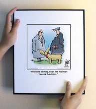 Load image into Gallery viewer, He starts barking when the mailman leaves the depot.