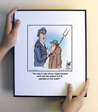 Load image into Gallery viewer, You say it was silver, cigar-shaped and had the letters U.F.O. painted on the side?