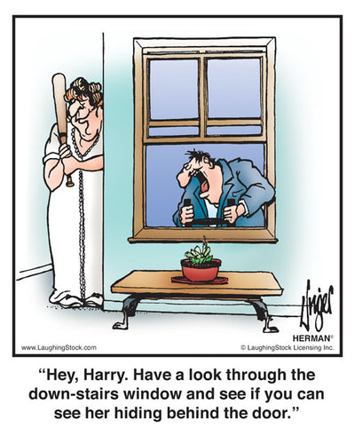 Hey, Harry. Have a look through the down-stairs window and see if you can see her hiding behind the door.