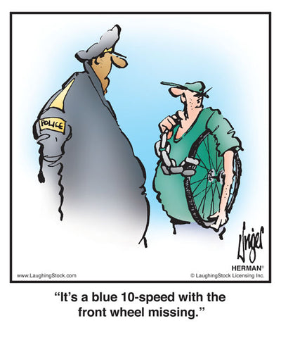 It’s a blue 10-speed with the front wheel missing.