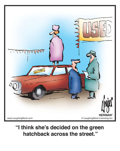 I think she’s decided on the green hatchback across the street.