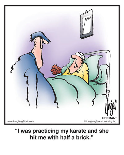 I was practicing my karate and she hit me with half a brick.