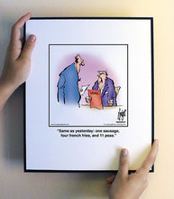 Load image into Gallery viewer, Same as yesterday: one sausage, four french fries, and 11 peas.