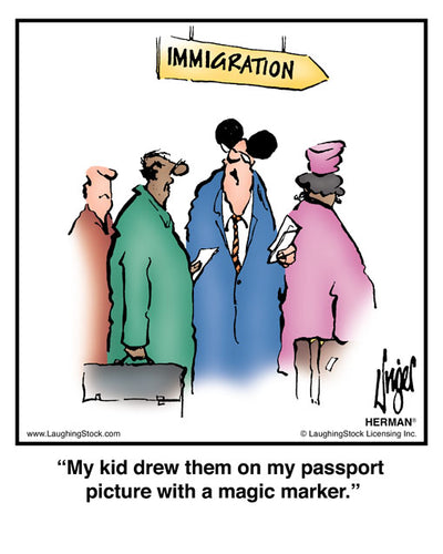 My kid drew them on my passport picture with a magic marker.