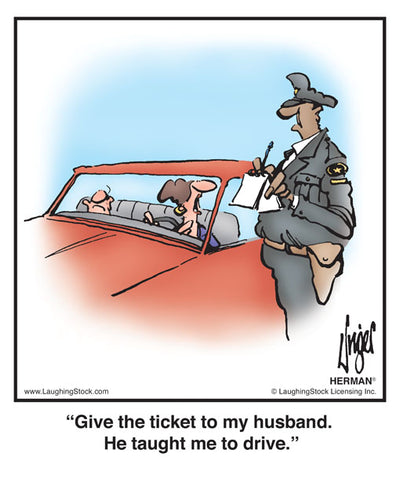 Give the ticket to my husband. He taught me to drive.