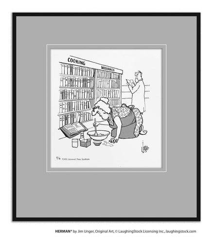 NO CAPTION, woman cooking in library reading recipe