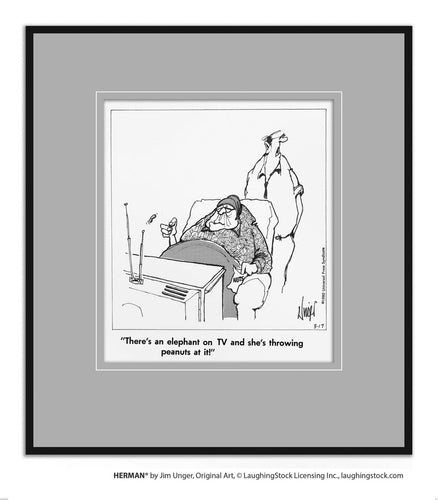 There’s an elephant on TV and she’s throwing peanuts at it!