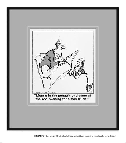 Mom’s in the penguin enclosure at the zoo, waiting for a tow truck.