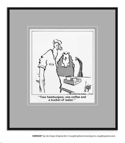 Two hamburgers, one coffee and a bucket of water.