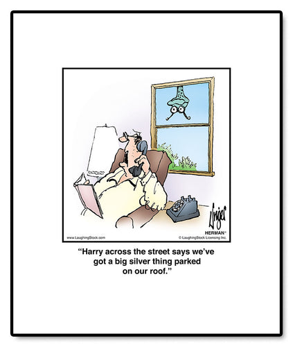 Harry across the street says we’ve got a big silver thing parked on our roof.