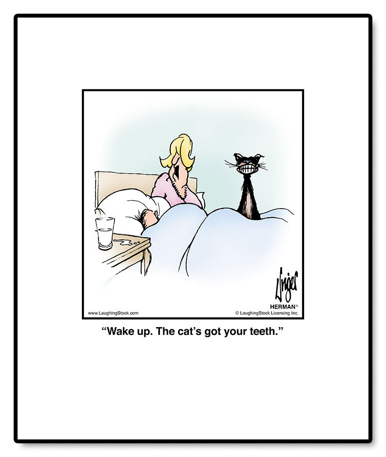 Wake up. The cat’s got your teeth.