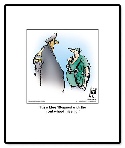 It’s a blue 10-speed with the front wheel missing.