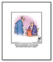 Load image into Gallery viewer, Same as yesterday: one sausage, four french fries, and 11 peas.