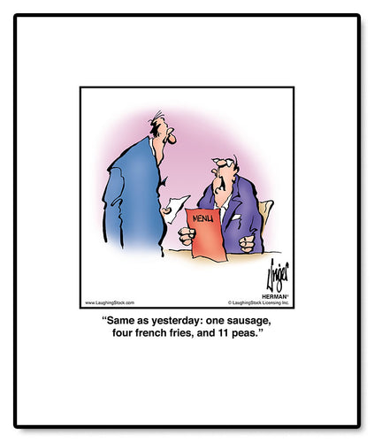 Same as yesterday: one sausage, four french fries, and 11 peas.