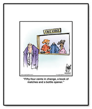 Load image into Gallery viewer, Fifty-four cents in change, a book of matches and a bottle opener.