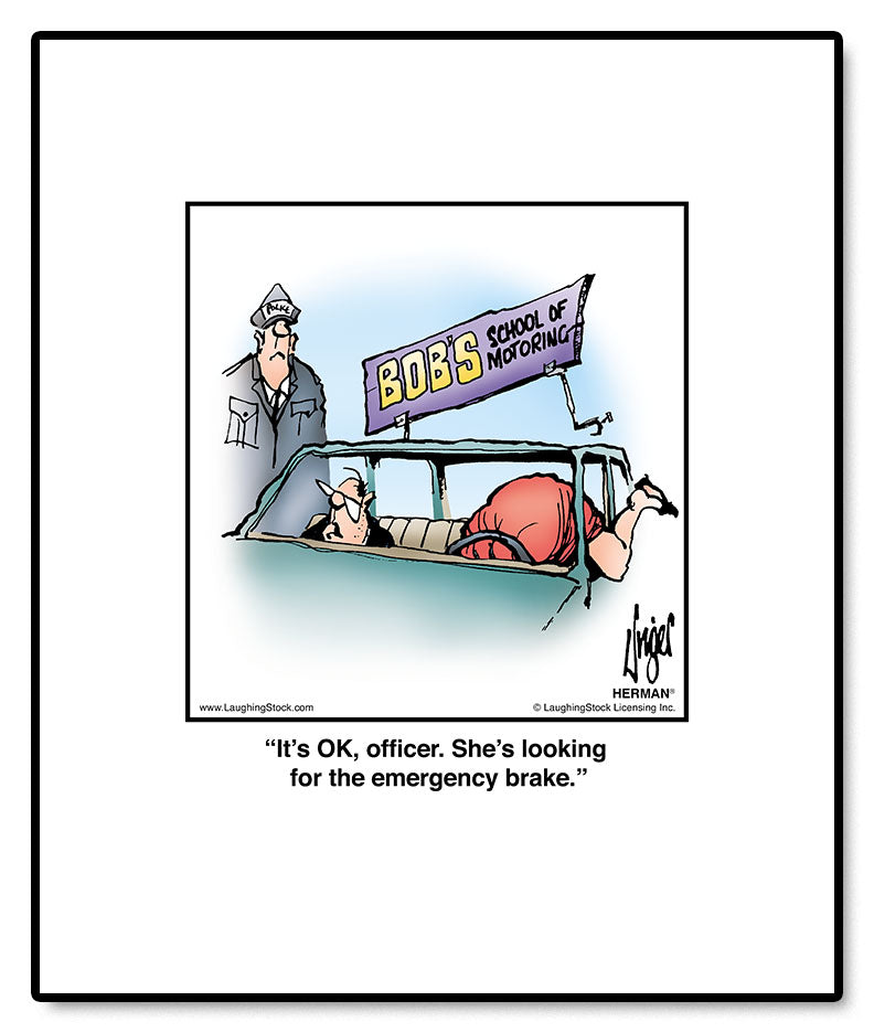 It’s OK, officer. She’s looking for the emergency brake.